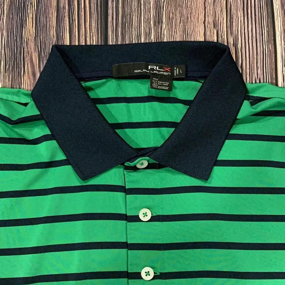 Ralph Lauren RLX Mens Golf Polo Shirt Green‎ Blue Striped Button Collar Large